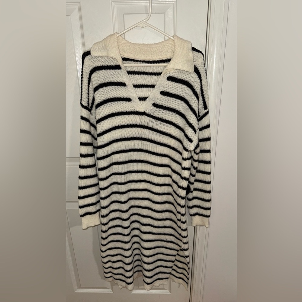 Striped V-Neck Sweater Dress - Black and White